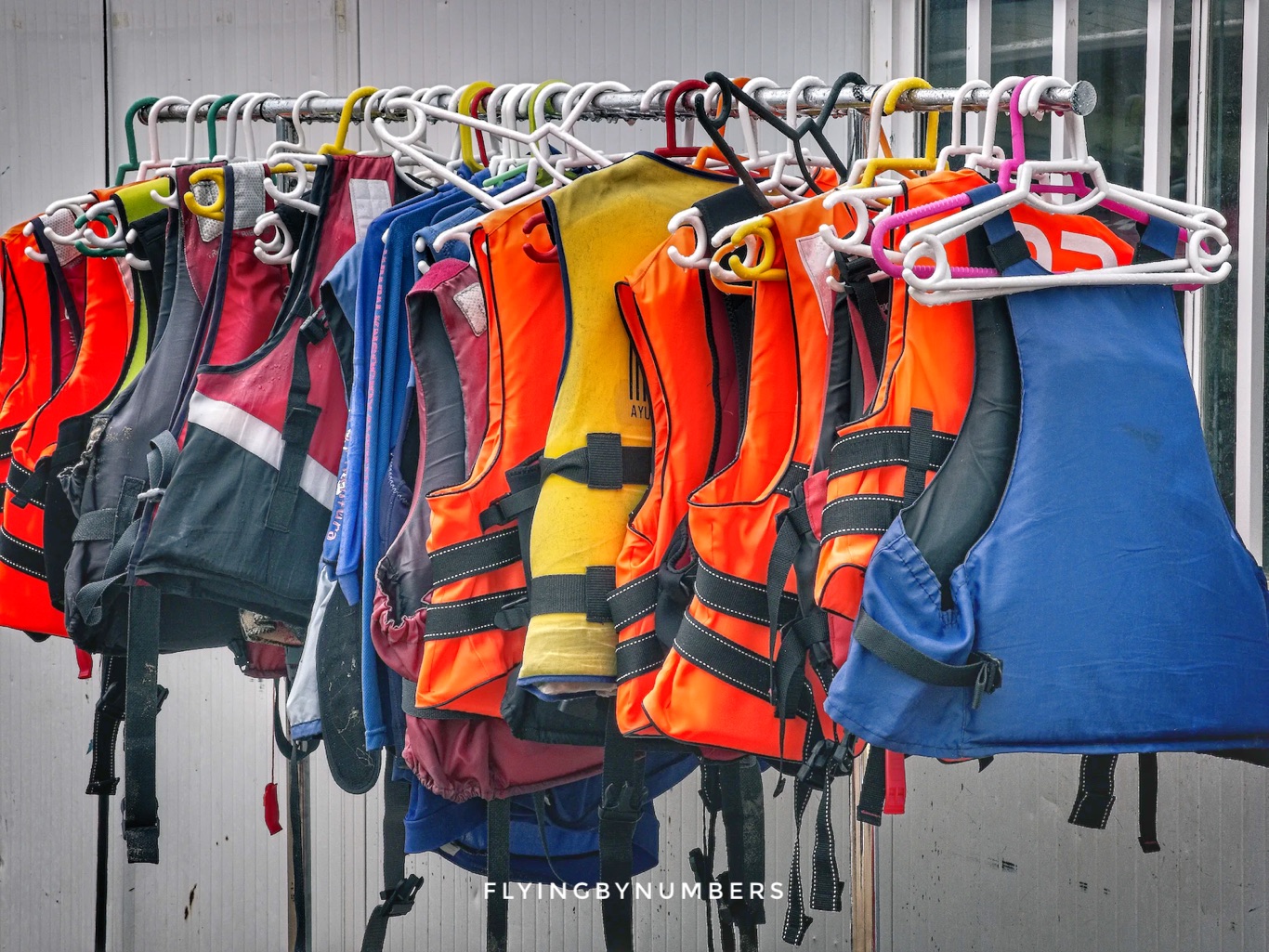 Assorted life jackets for flight attendant swimming test