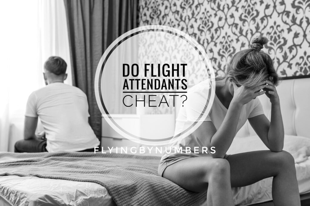 Cheating flight attendants sit at opposite ends of a hotel bed