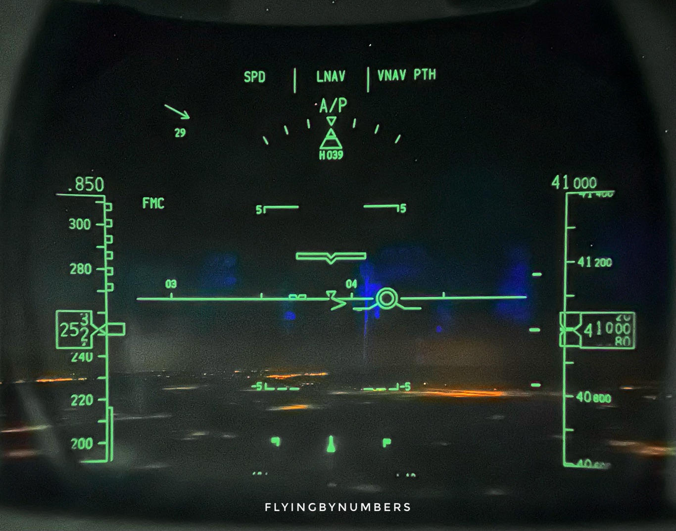 787 Dreamliner head up display (HUD) during the cruise